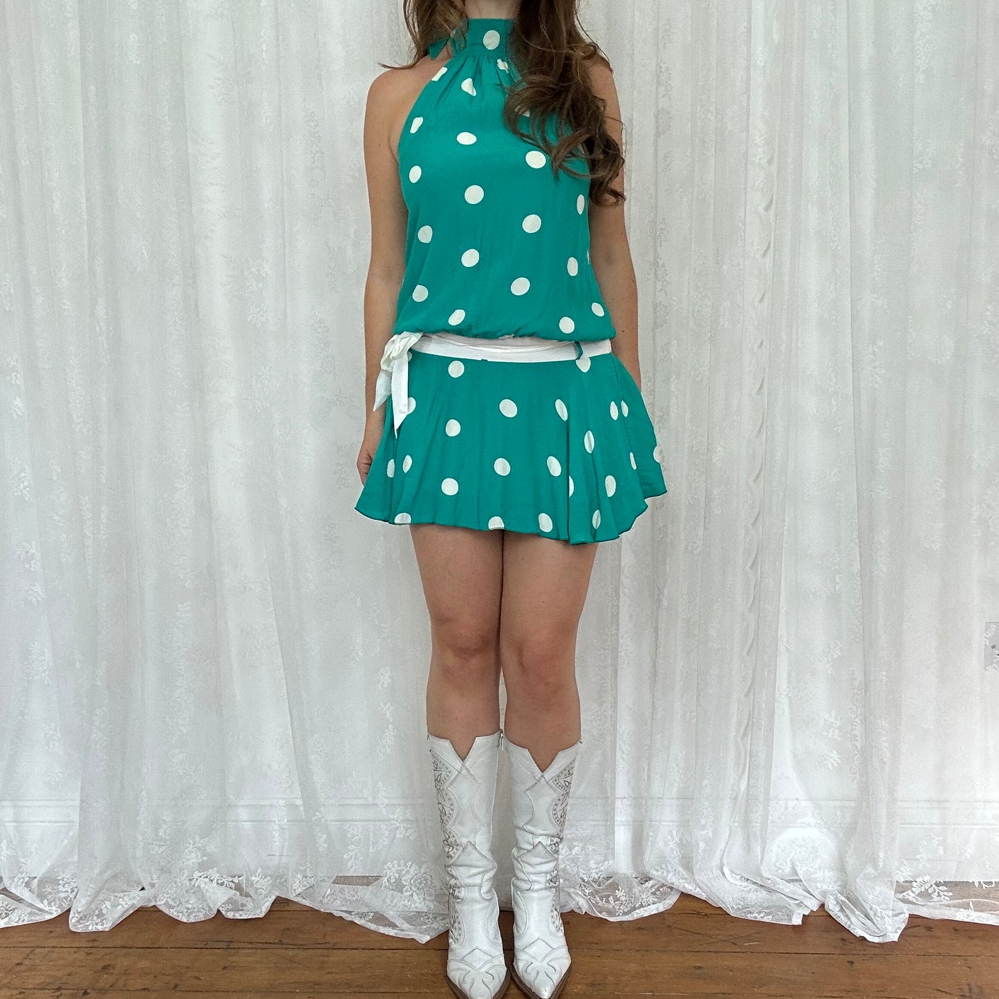 vintage 00s green polka dot halter dress