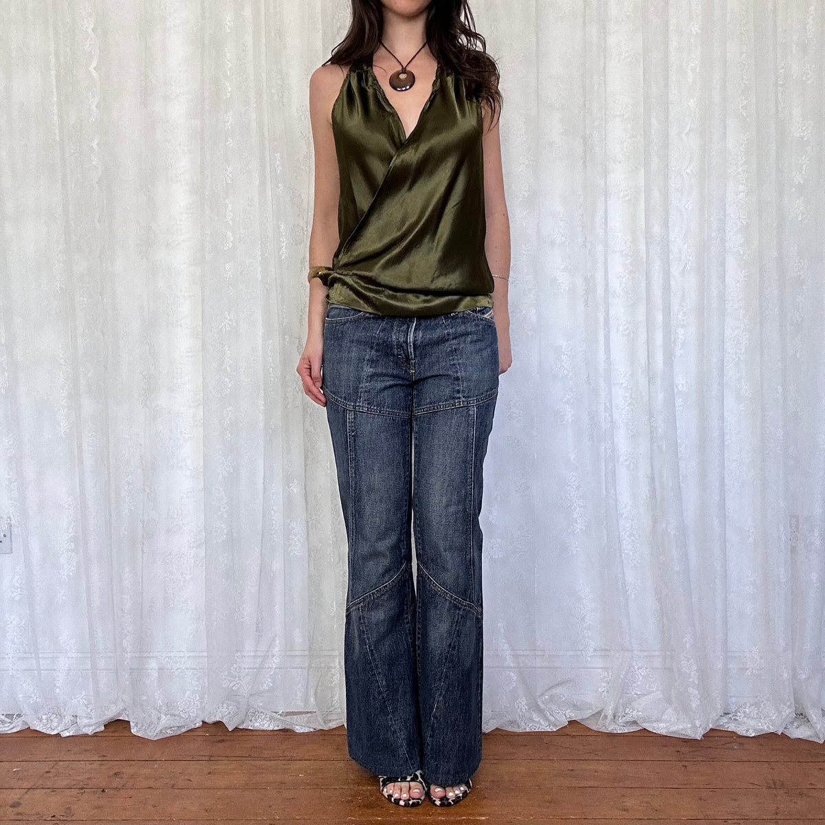 vintage 00s olive green satin halter top