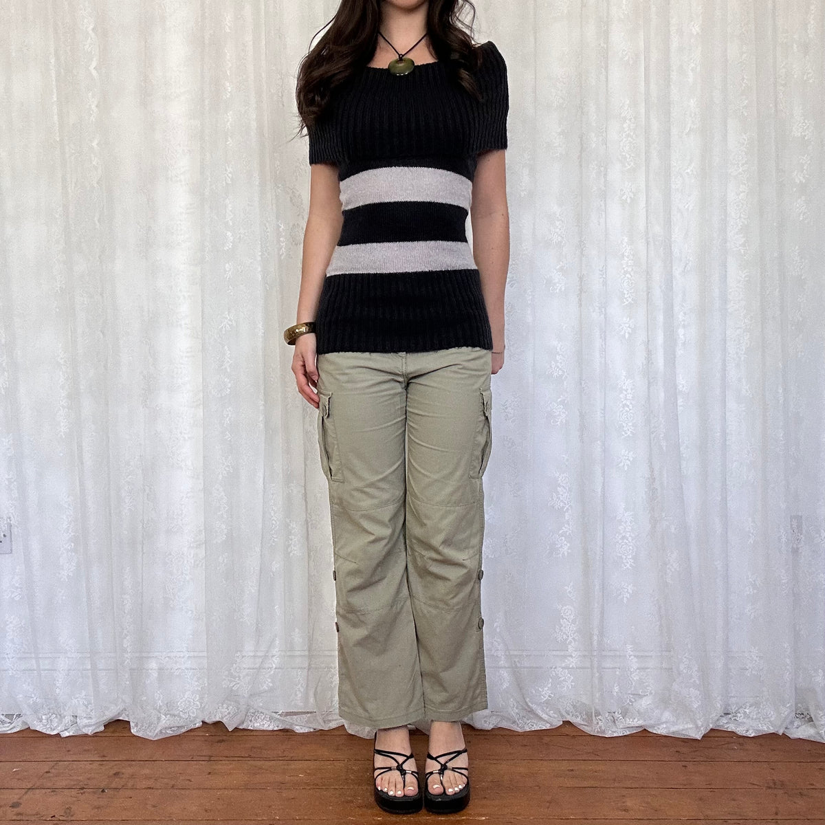 vintage 00s black and grey striped off shoulder jumper
