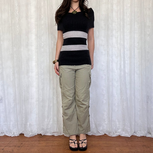 vintage 00s black and grey striped off shoulder jumper