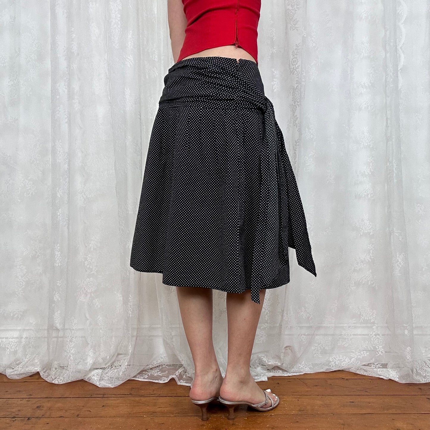 vintage 00s polka dot tie waist midi skirt