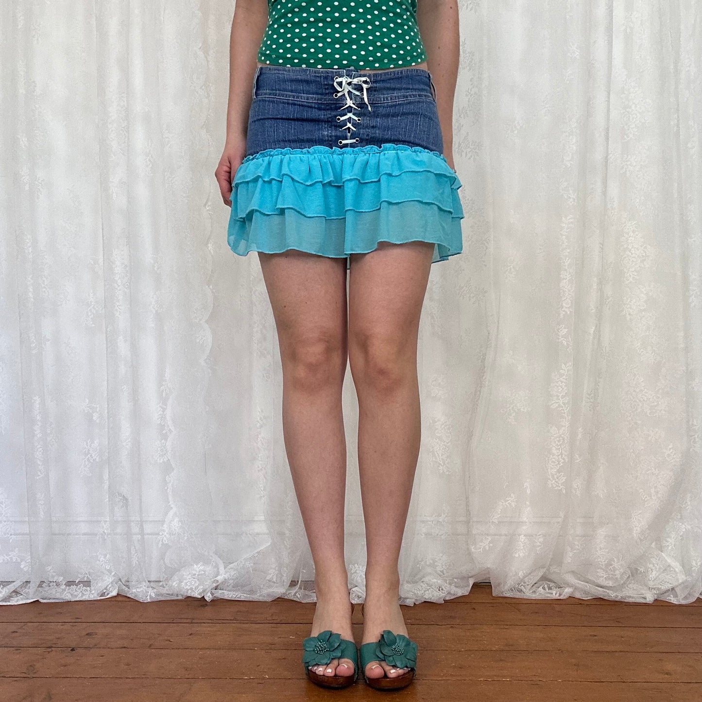 vintage 00s blue mesh ruffle denim mini skirt