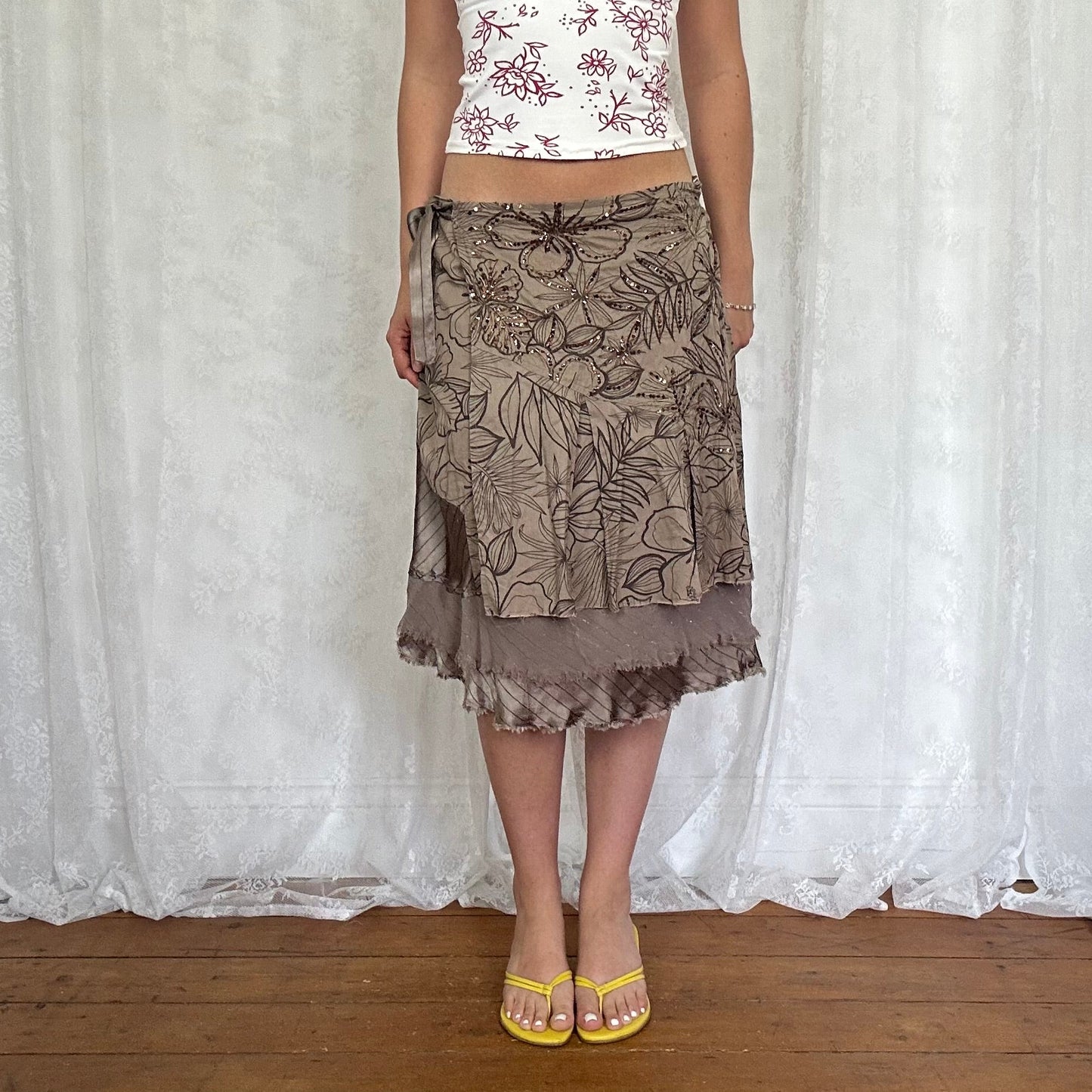 vintage 00s brown floral midi skirt