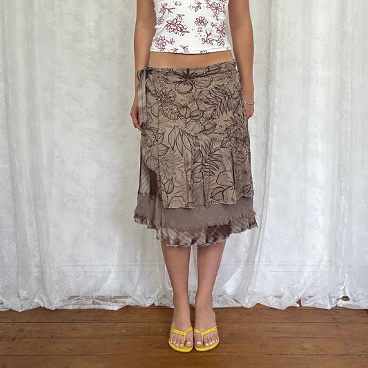 vintage 00s brown floral midi skirt