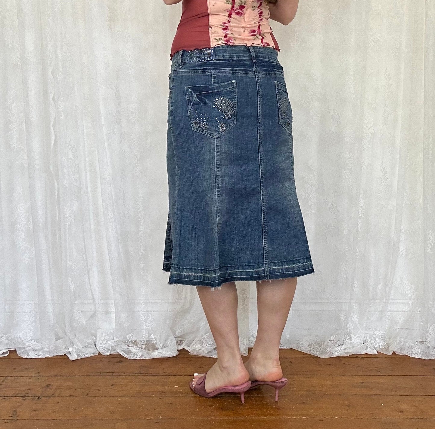 vintage 00s rhinestone detail denim midi skirt