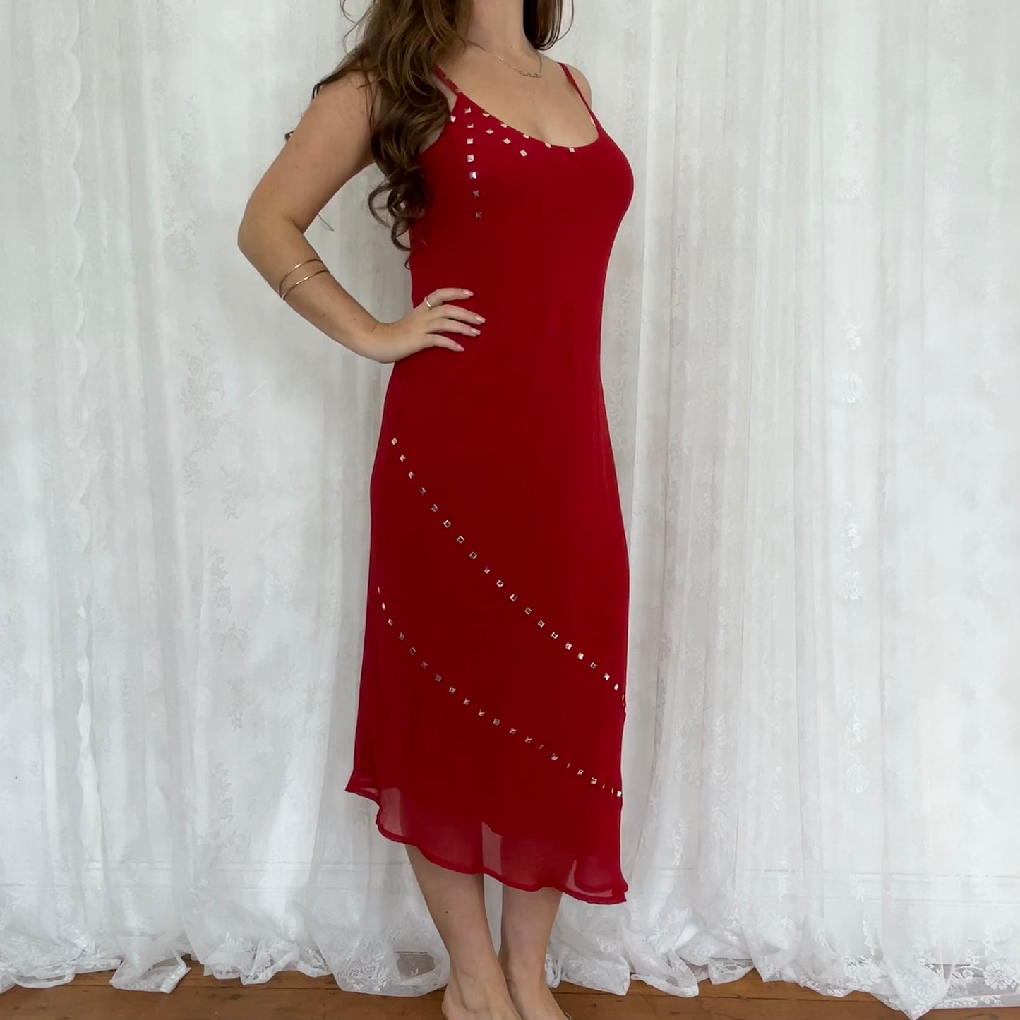 vintage 00s red stud detail midi dress