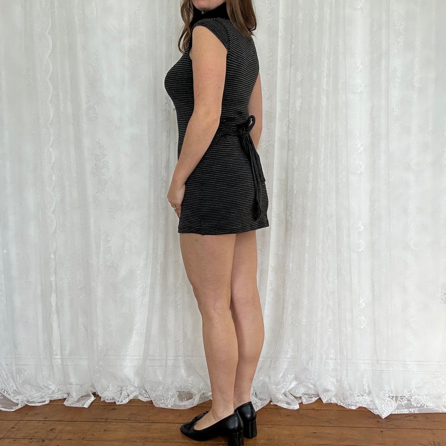 vintage 00s black and grey striped knitted mini dress