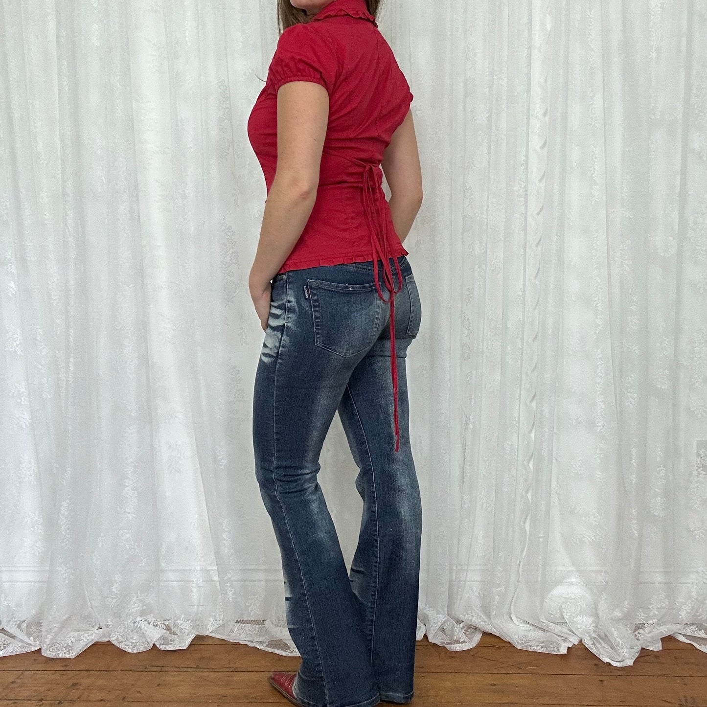 vintage 00s red short sleeve blazer style shirt