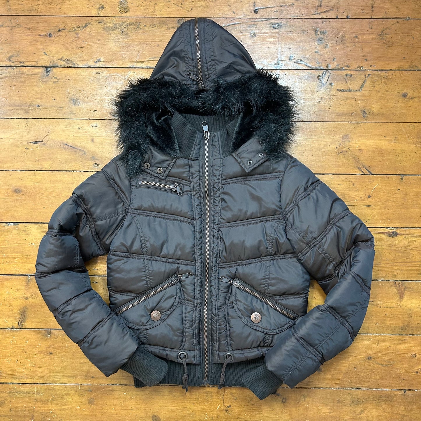 vintage 00s brown zip hooded puffer jacket
