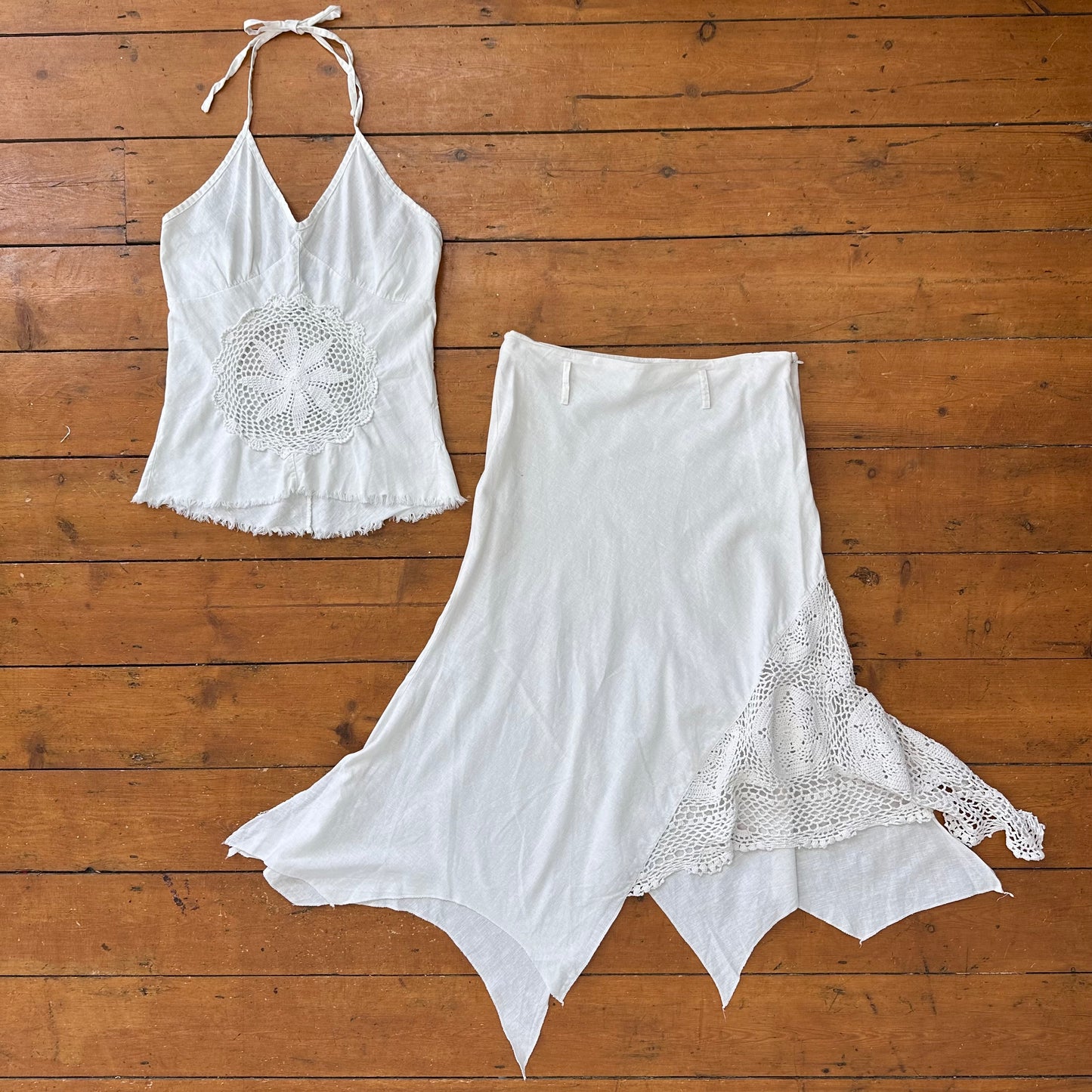 vintage 00s white crochet detail halter top and asymmetrical midi skirt co ord