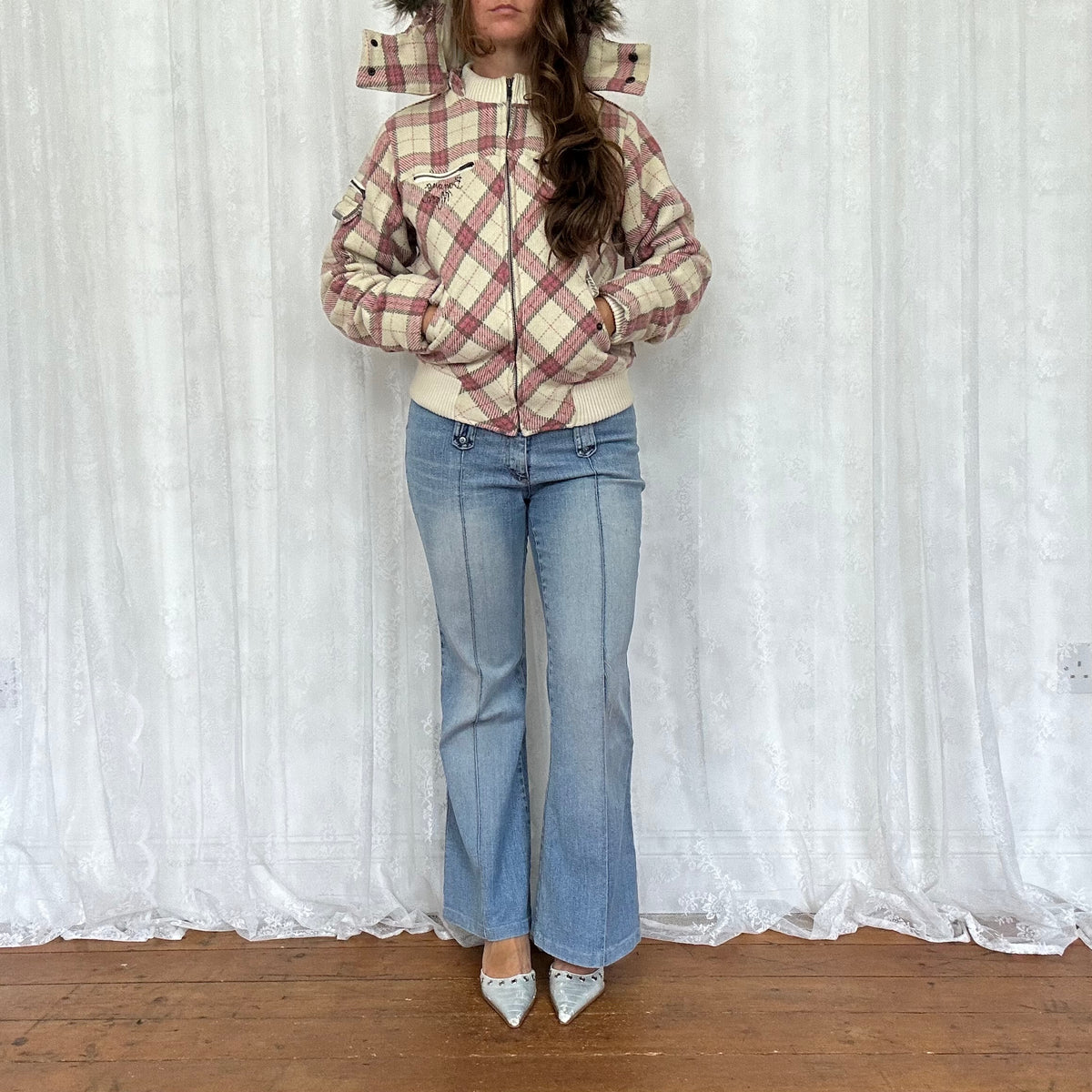 vintage 00s pink and white checkered hooded bomber jacket