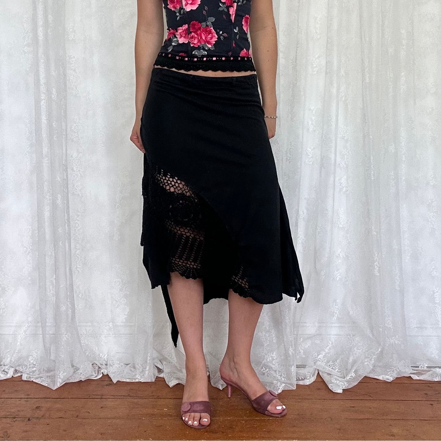 vintage 00s black midi skirt with crochet insert