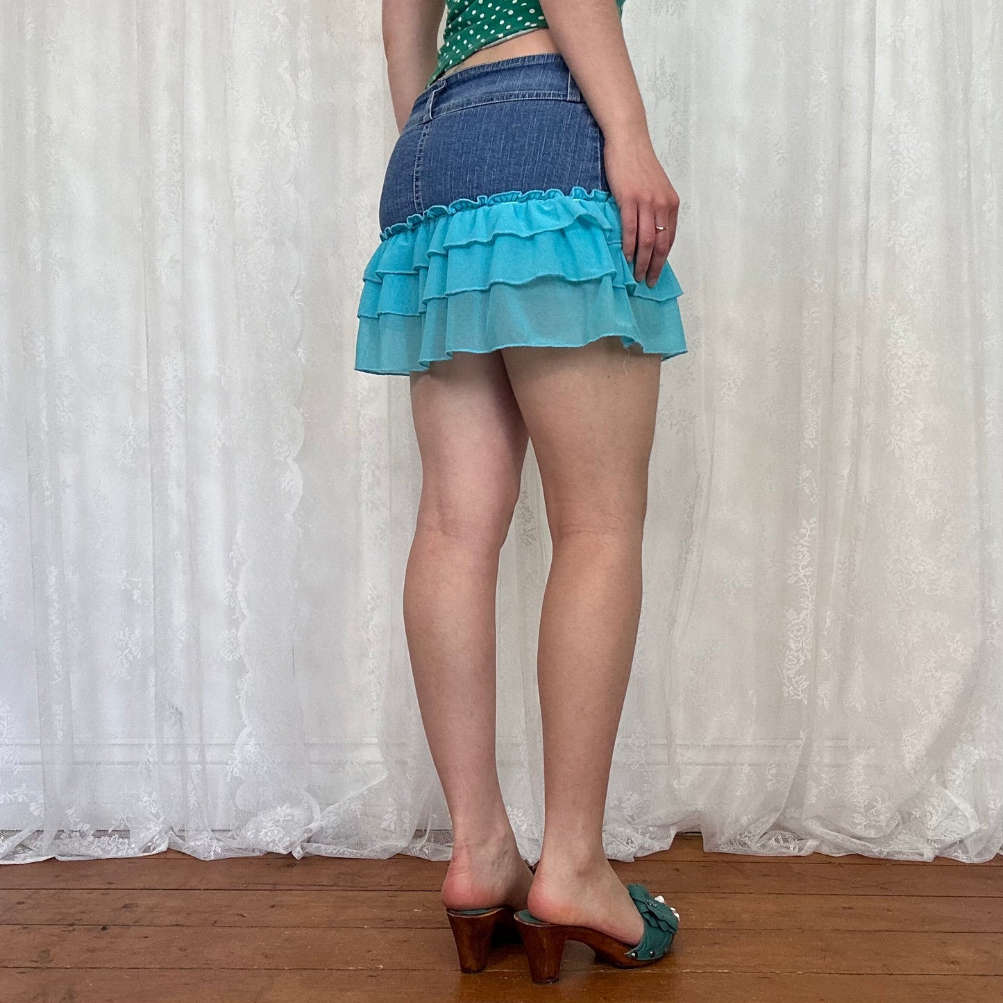 vintage 00s blue mesh ruffle denim mini skirt
