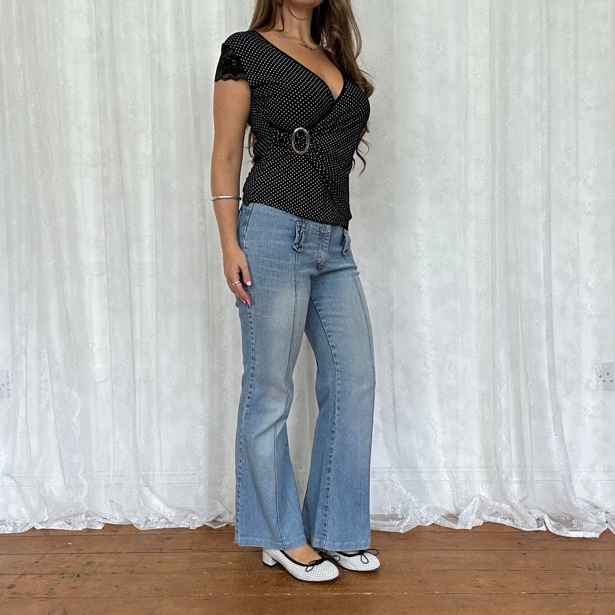 vintage 00s black polka dot lace sleeve top