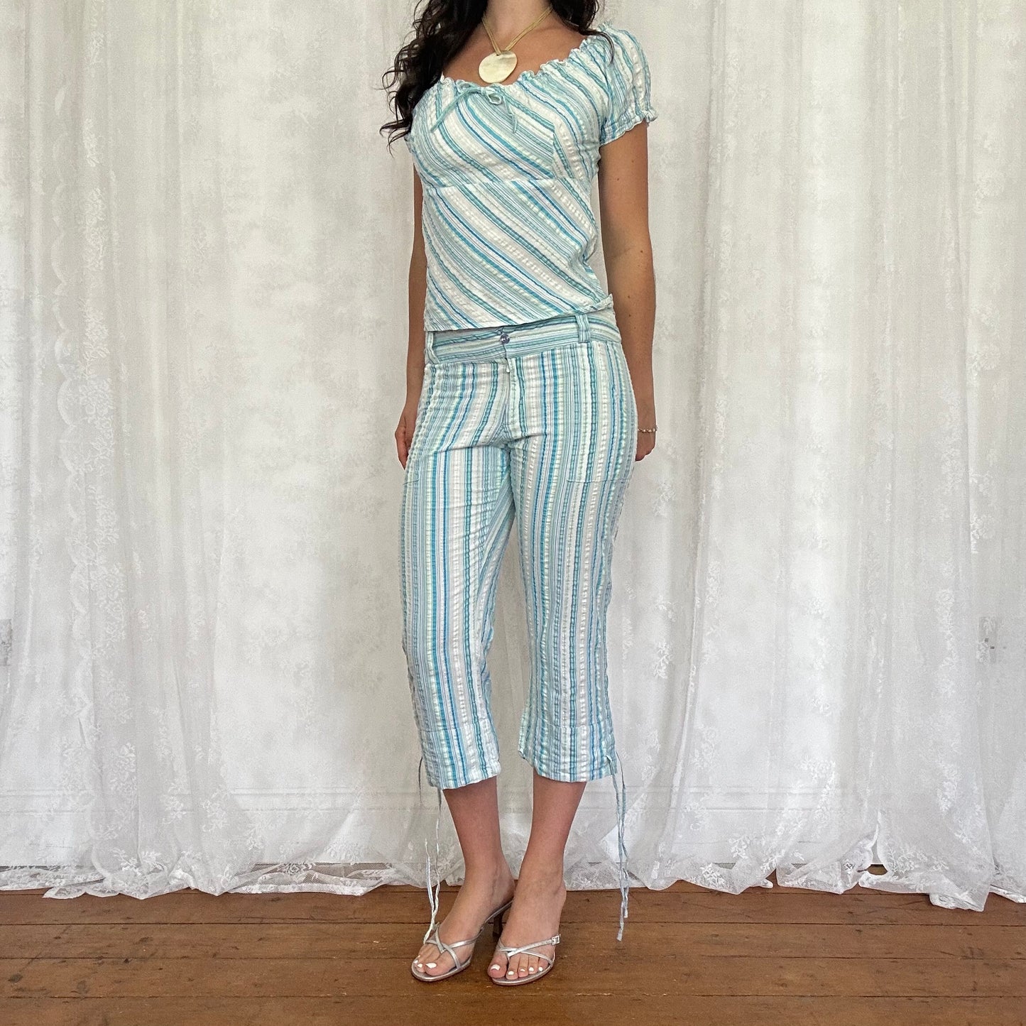 vintage 00s blue pinstripe capri and top co ord
