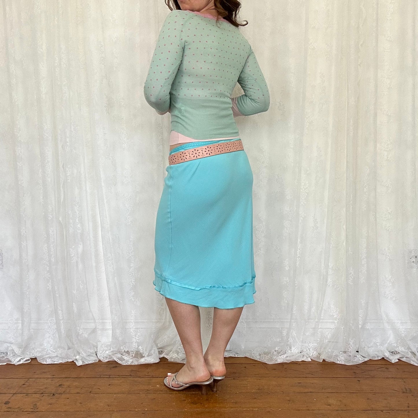 vintage 00s mint green and pink polka dot cardigan