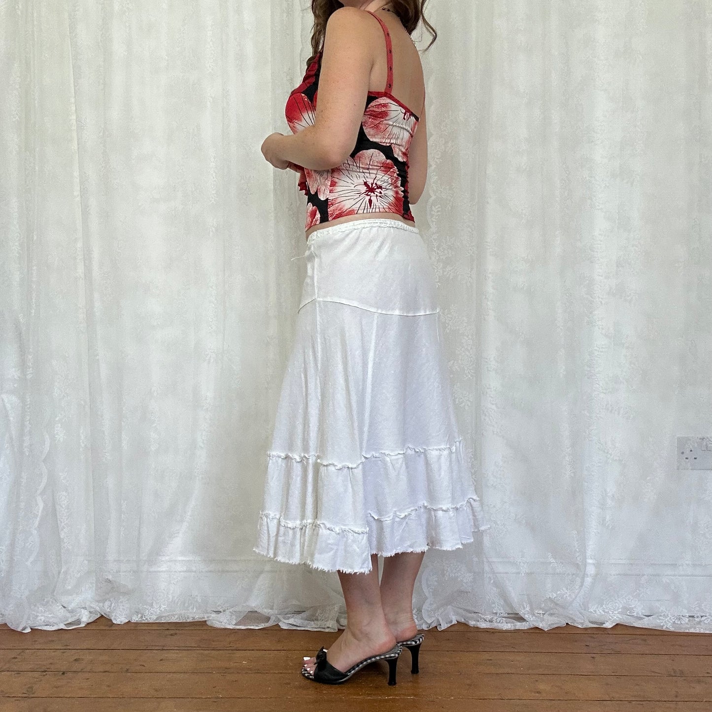 vintage 00s white tiered midi skirt