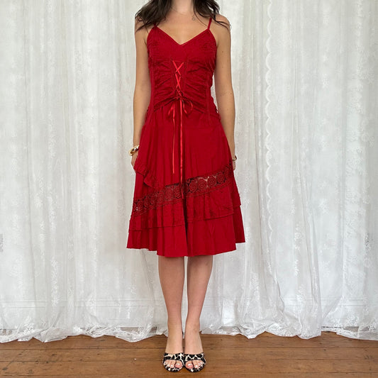 vintage 00s red corset tie up summer dress