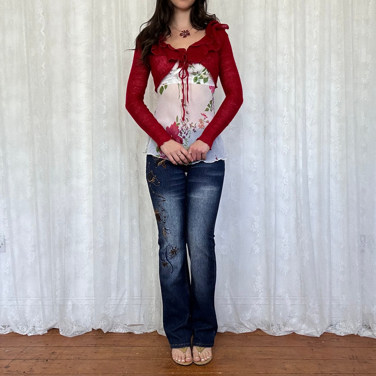 vintage 00s red ruffle tie up bolero