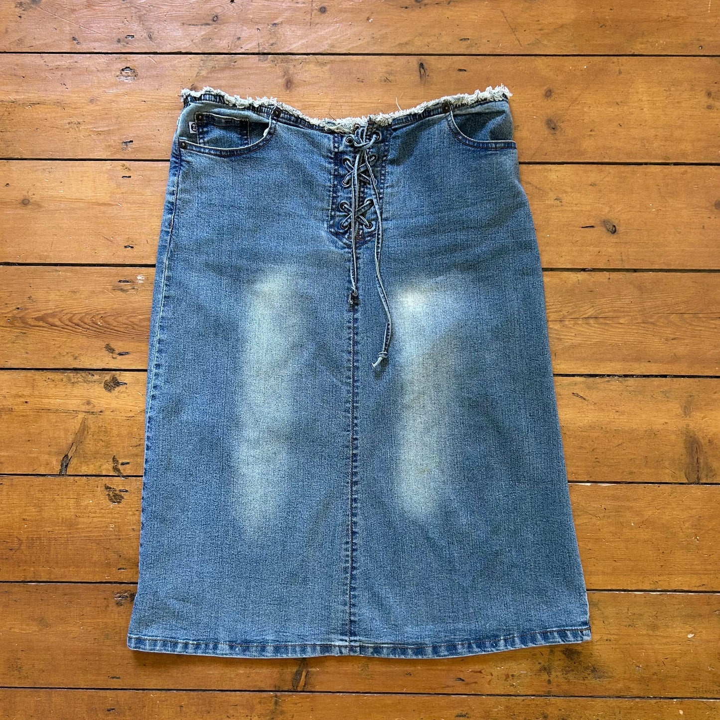 vintage 00s denim tie front midi skirt