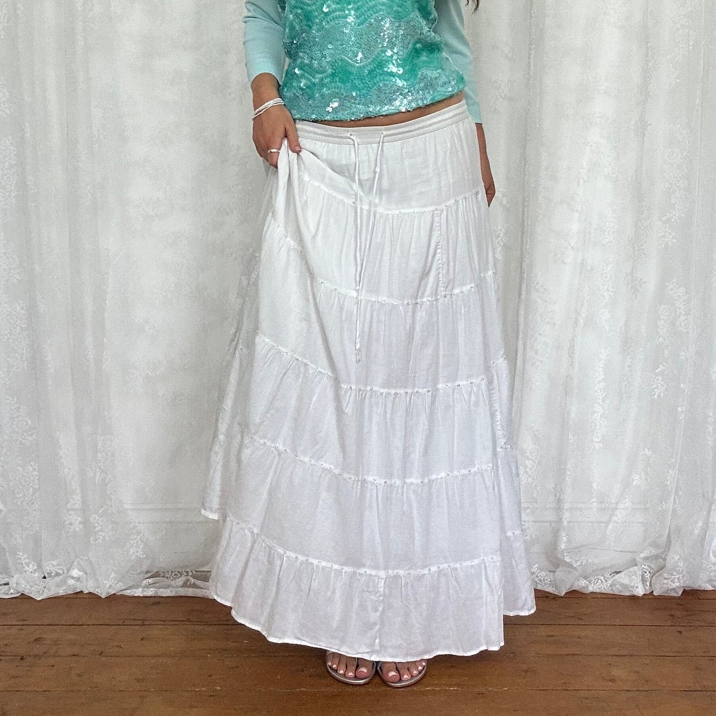 vintage 00s white tiered maxi skirt with sequin detail