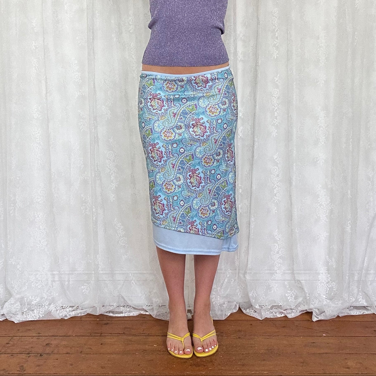 vintage 00s blue paisley asymmetrical midi skirt