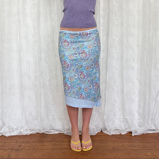 vintage 00s blue paisley asymmetrical midi skirt