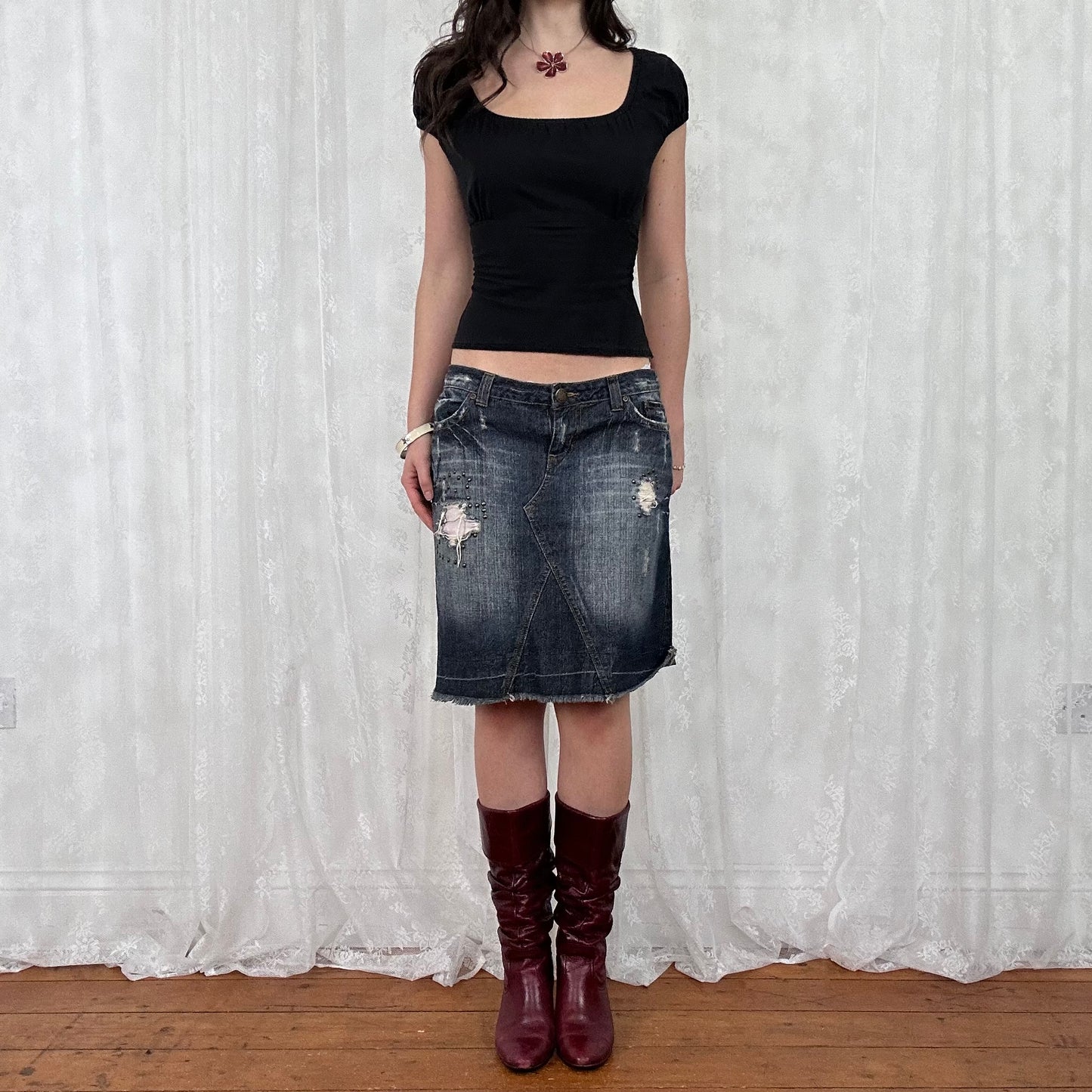 vintage 00s studded denim midi skirt