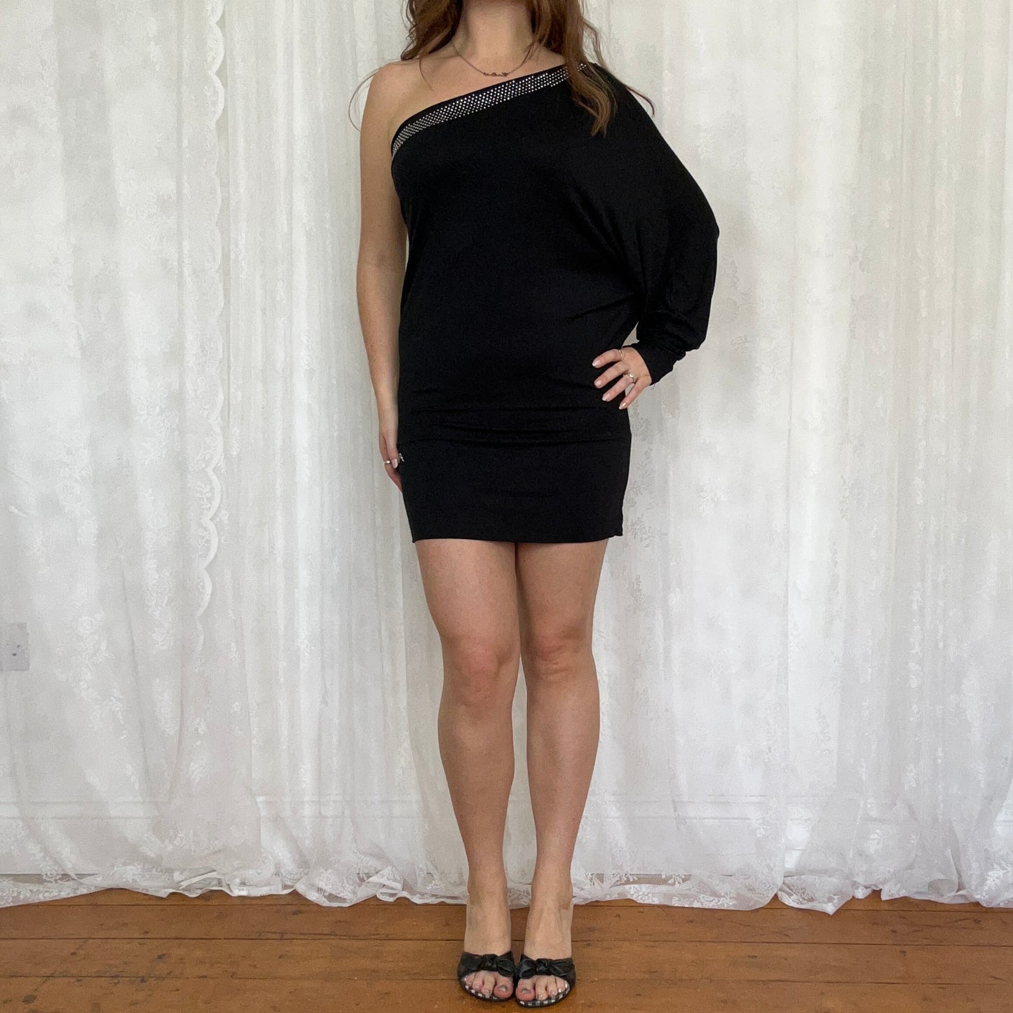 vintage 00s black one shoulder batwing mini dress