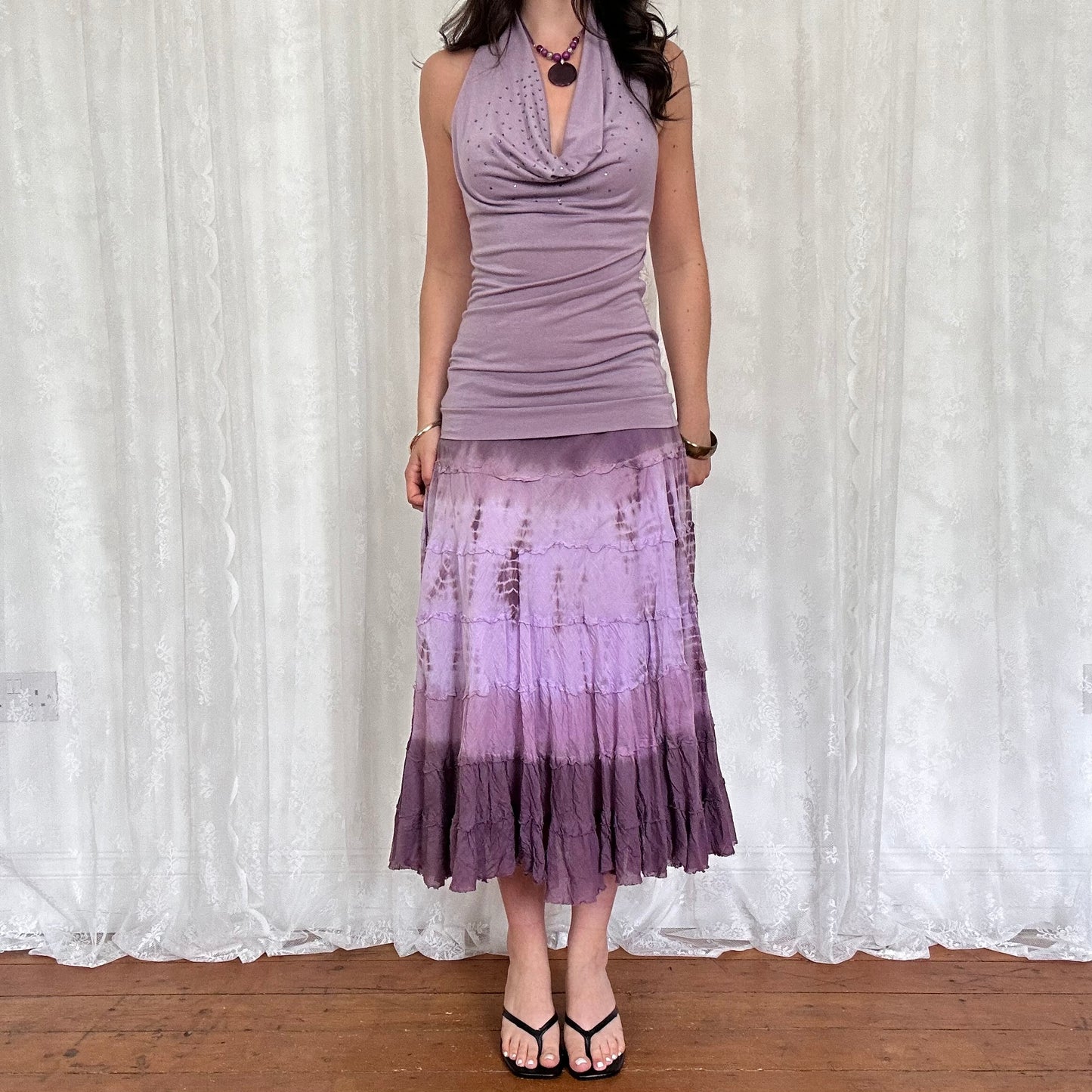 vintage 00s lilac diamanté cowl neck halter top