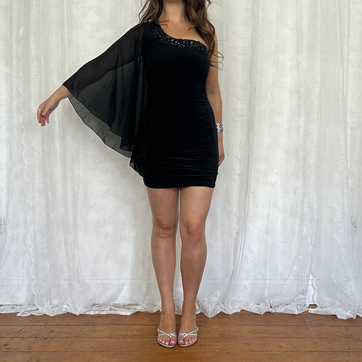 vintage 00s black one shoulder club dress