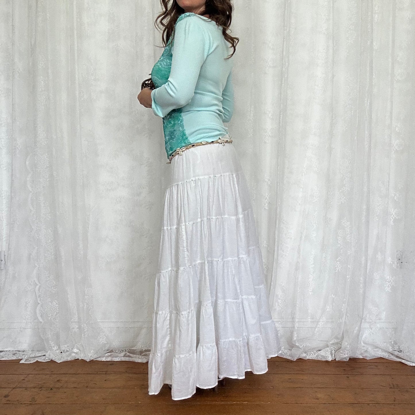 vintage 00s white tiered maxi skirt with sequin detail