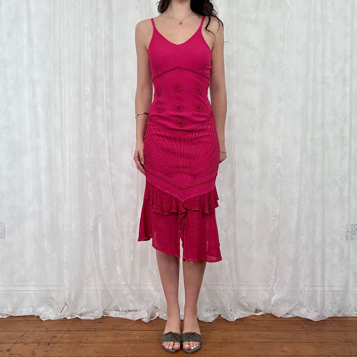 vintage 00s dark pink embroidered midi dress