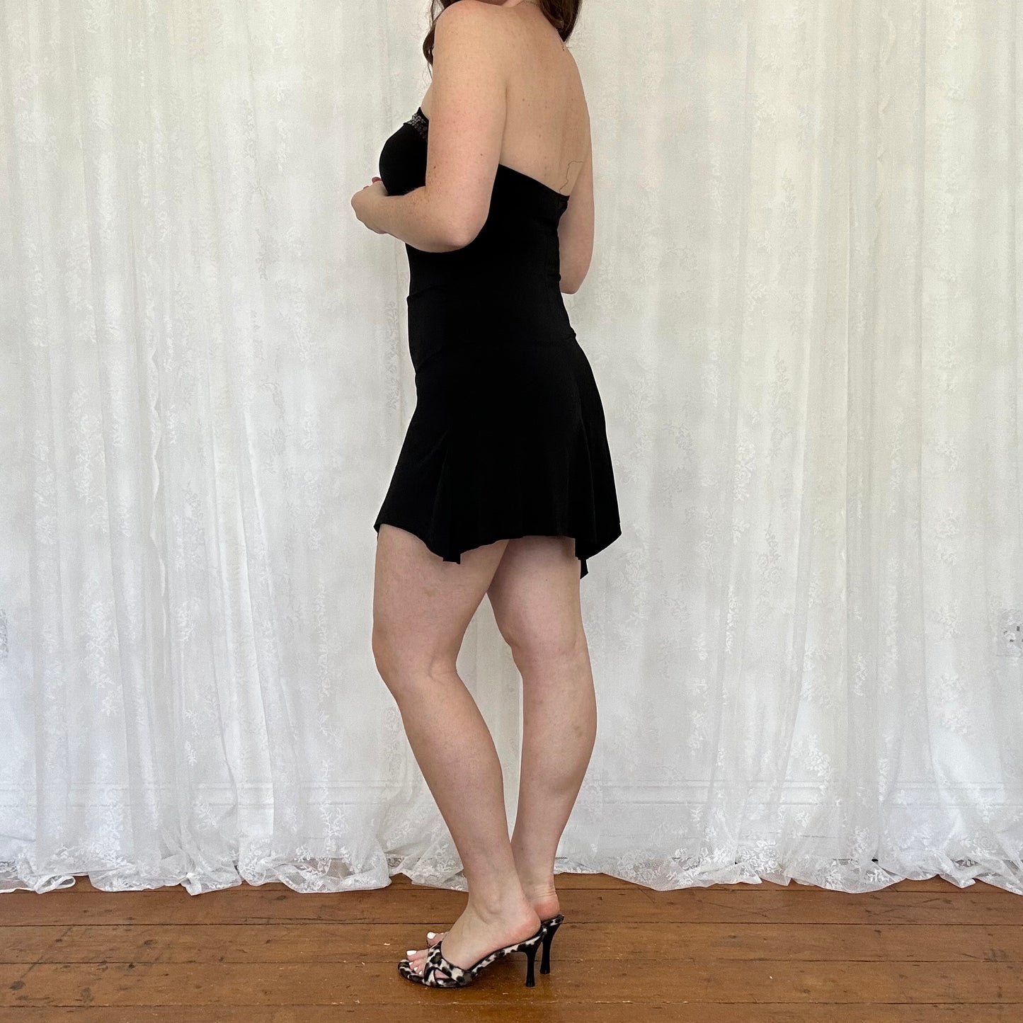 vintage 00s black strapless sequin fairy hem mini dress