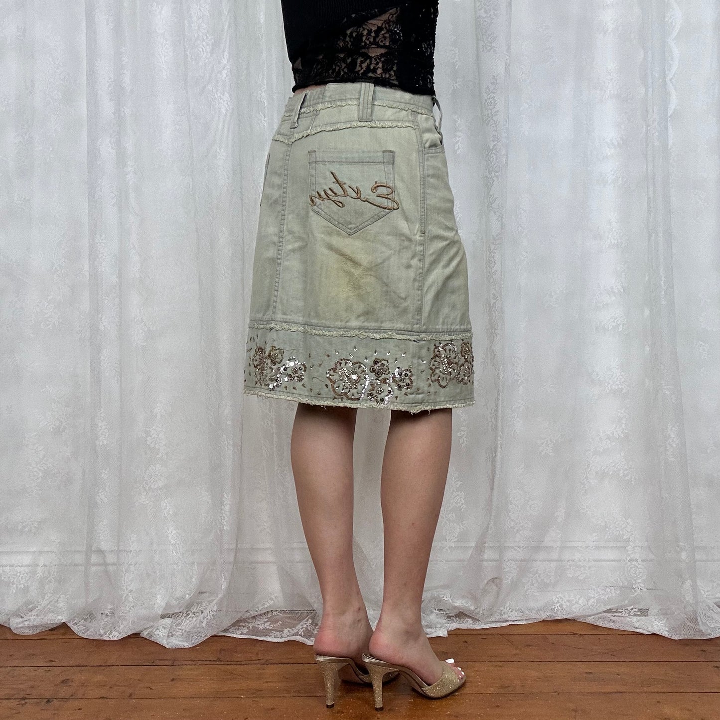 vintage 00s light wash sequin midi skirt