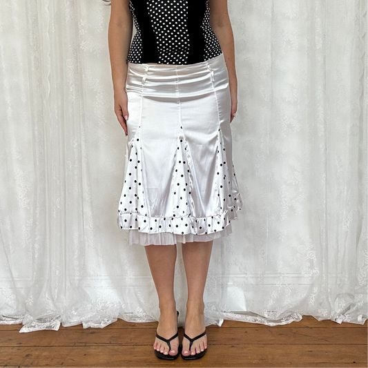 vintage 00s white satin midi skirt with polka dot trim