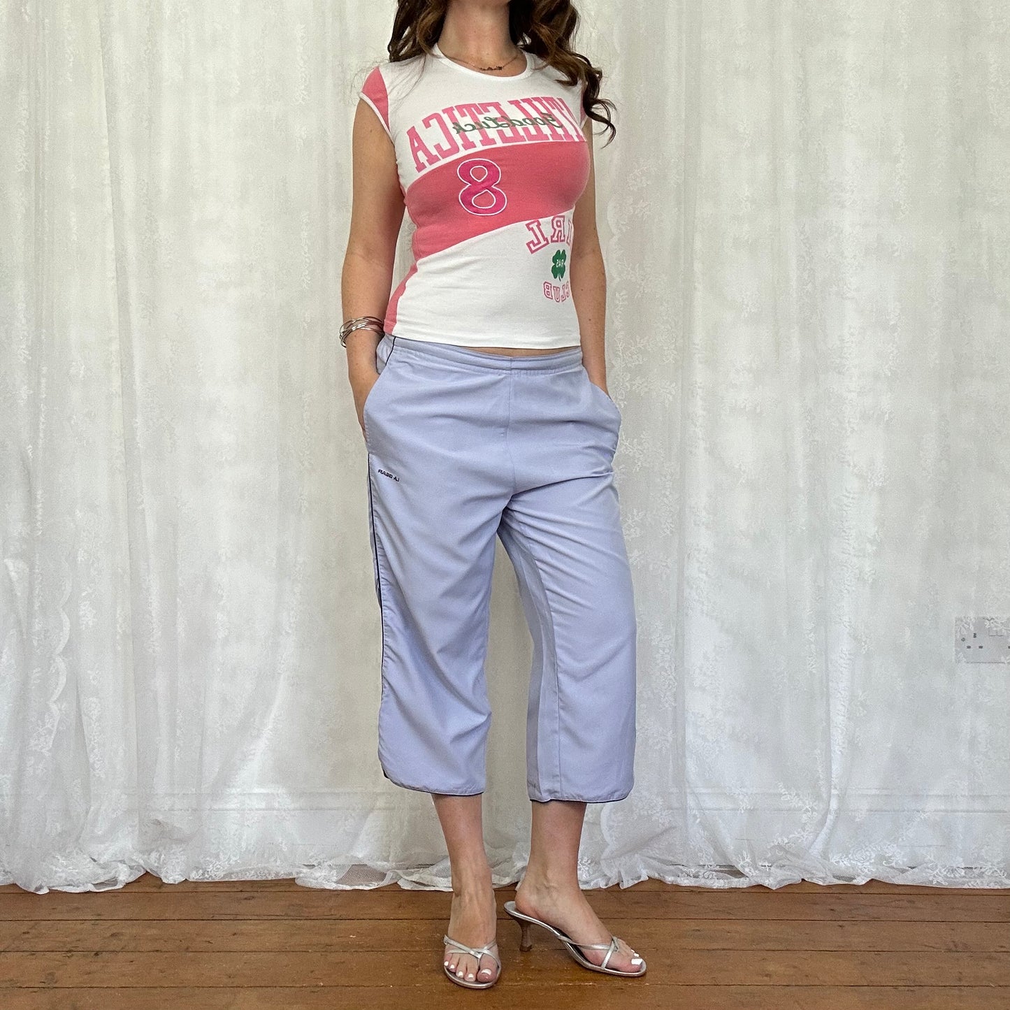 vintage 00s pink and white sporty graphic top