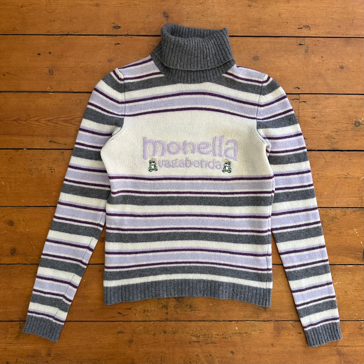 vintage 00s purple and grey striped roll neck jumper