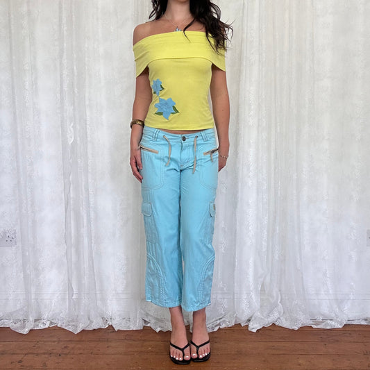 vintage 00s lime green floral off shoulder top