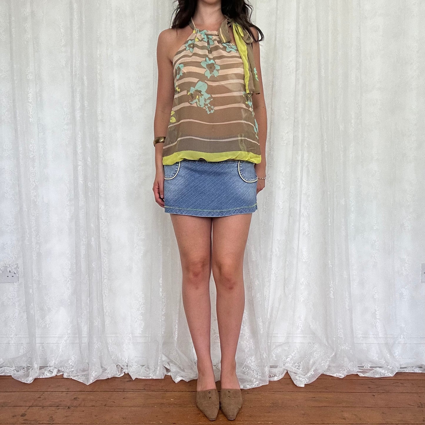 vintage 00s brown striped high neck top