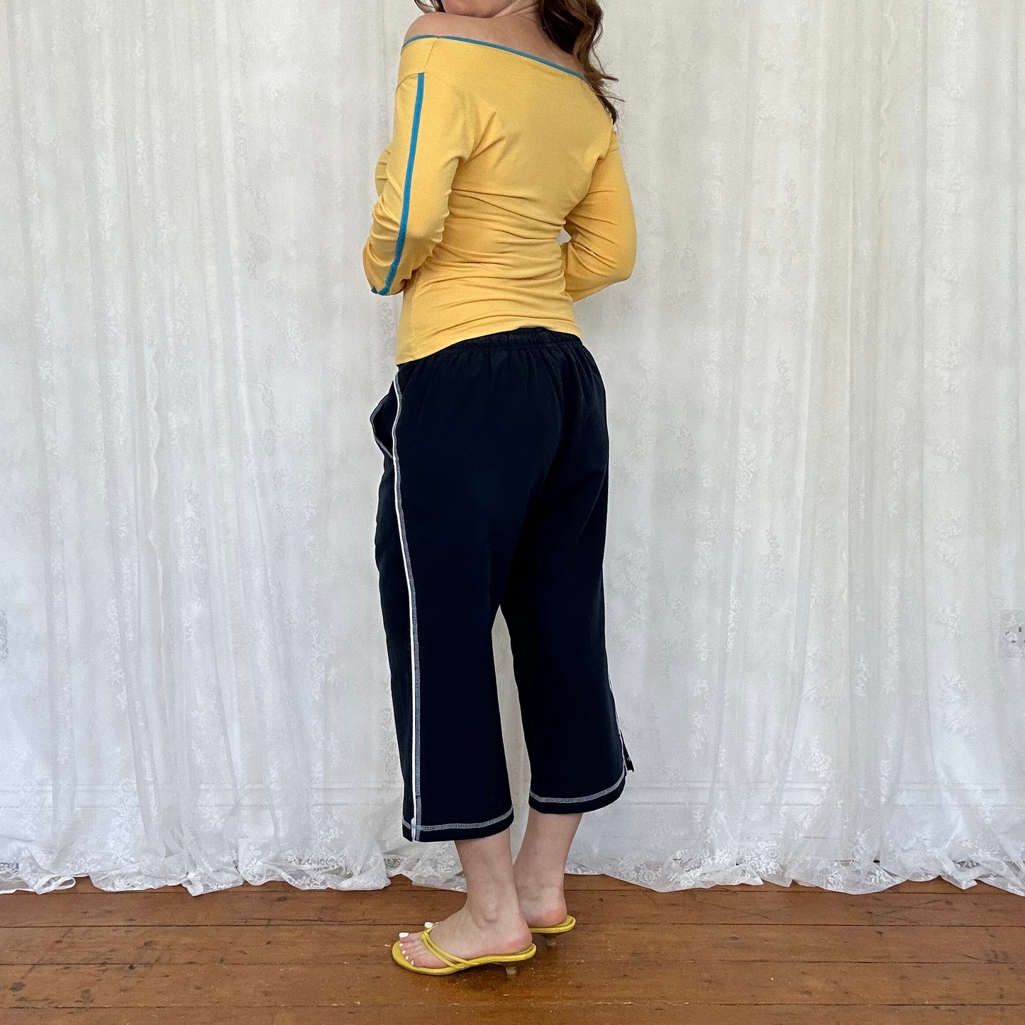 vintage 00s mustard yellow sequin varsity graphic top