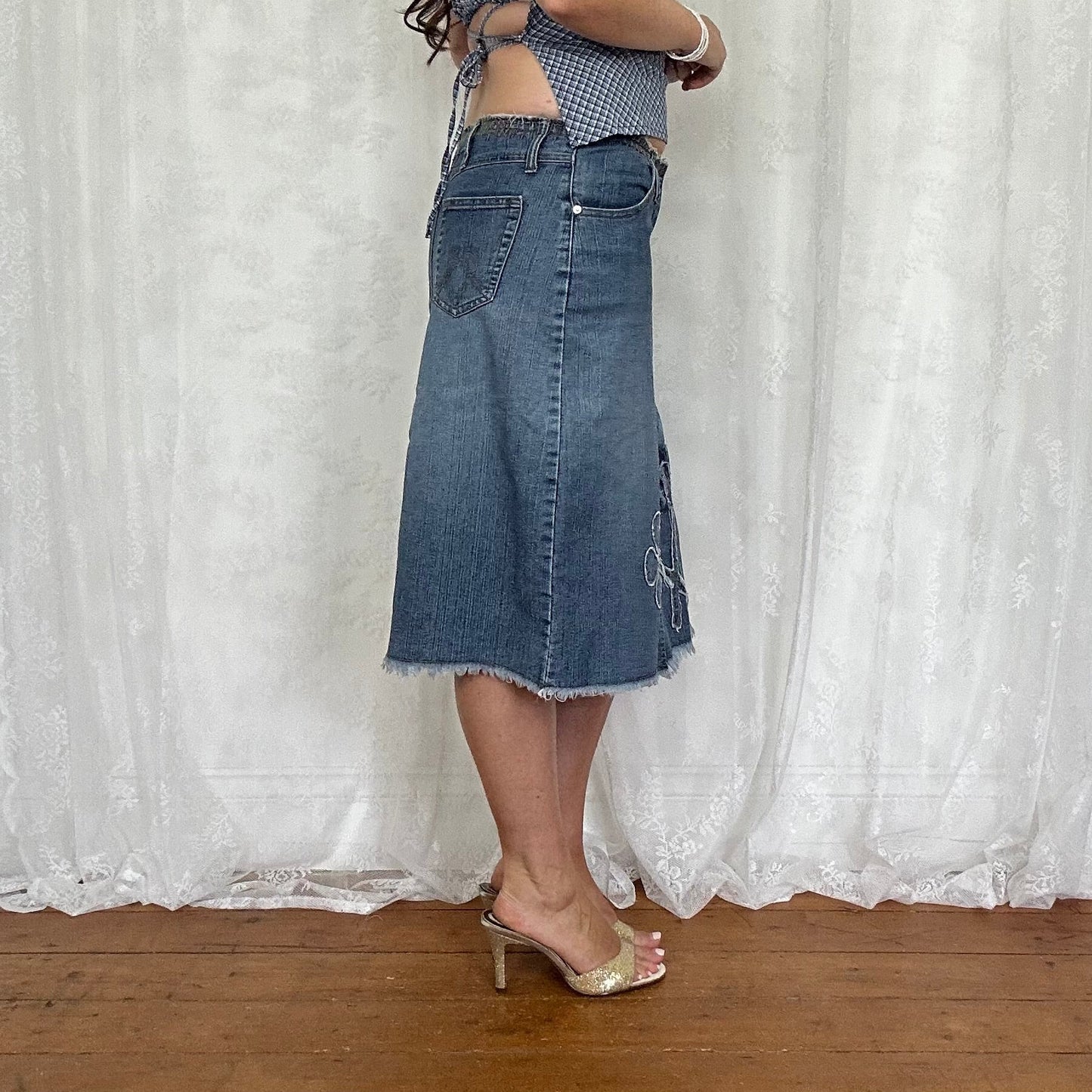 vintage 00s denim floral midi skirt