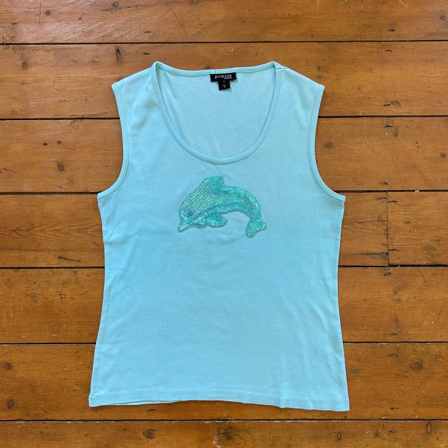 vintage 00s aqua blue sequin dolphin tank top