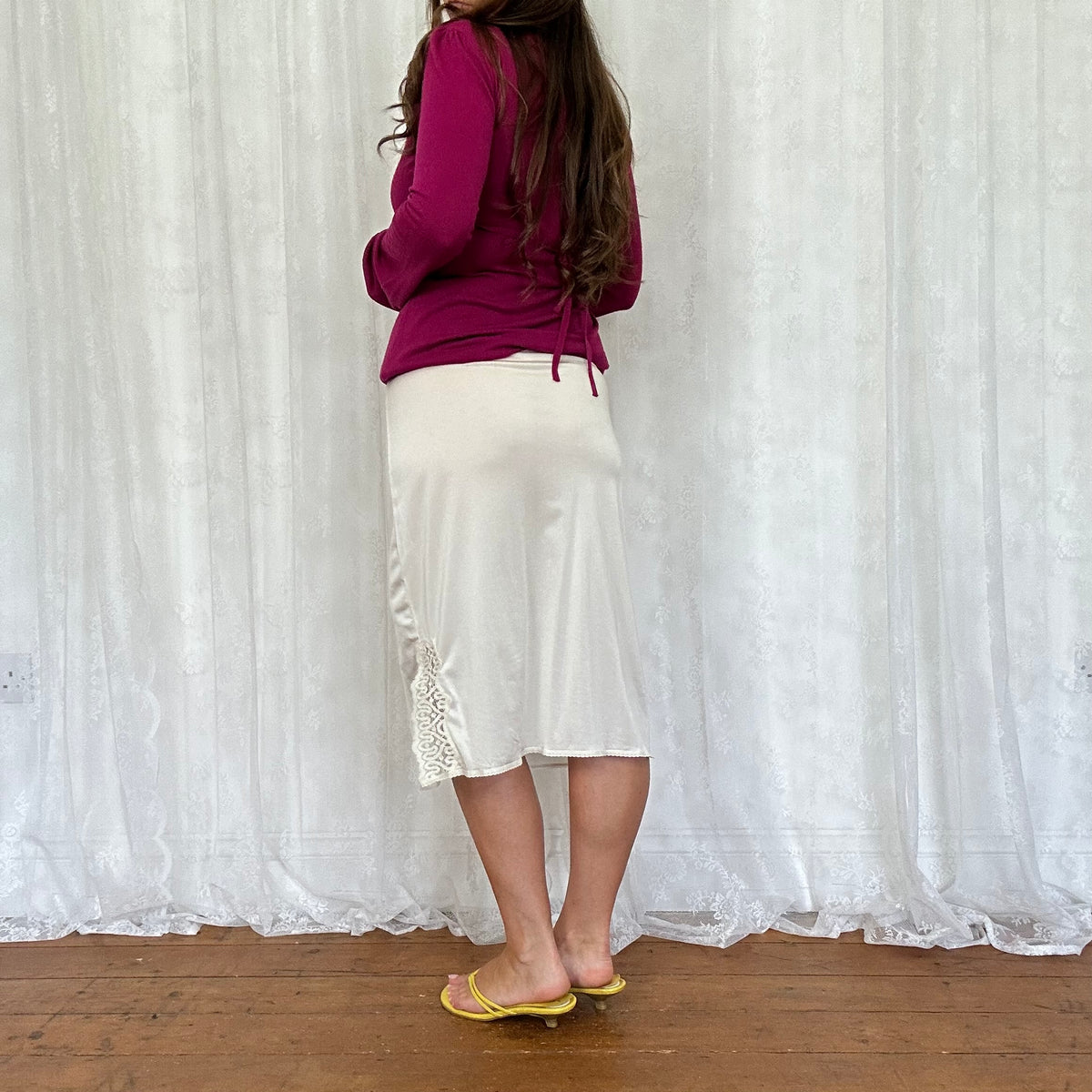 vintage 00s cream satin slip midi skirt