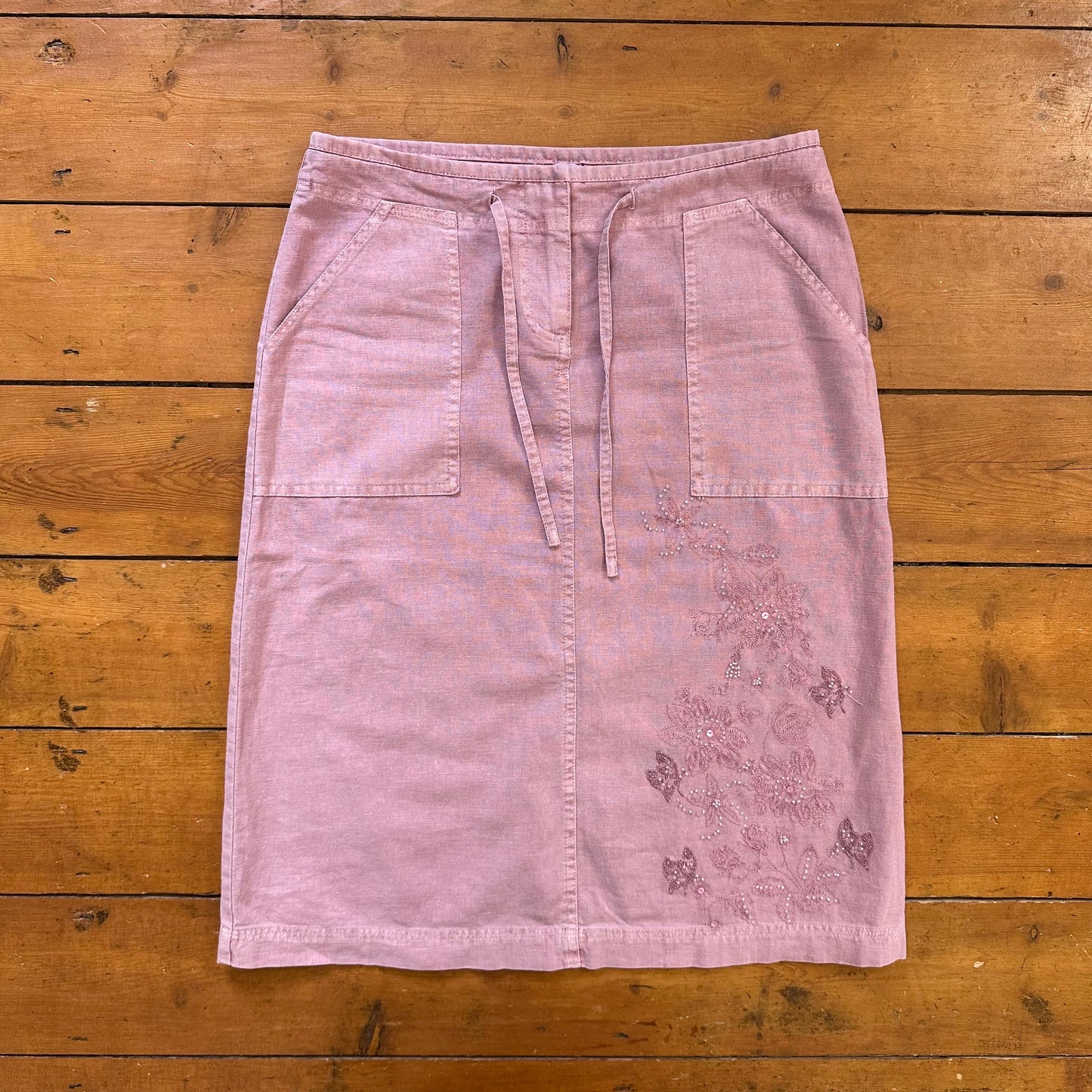 vintage 00s dusky pink embroidered midi skirt
