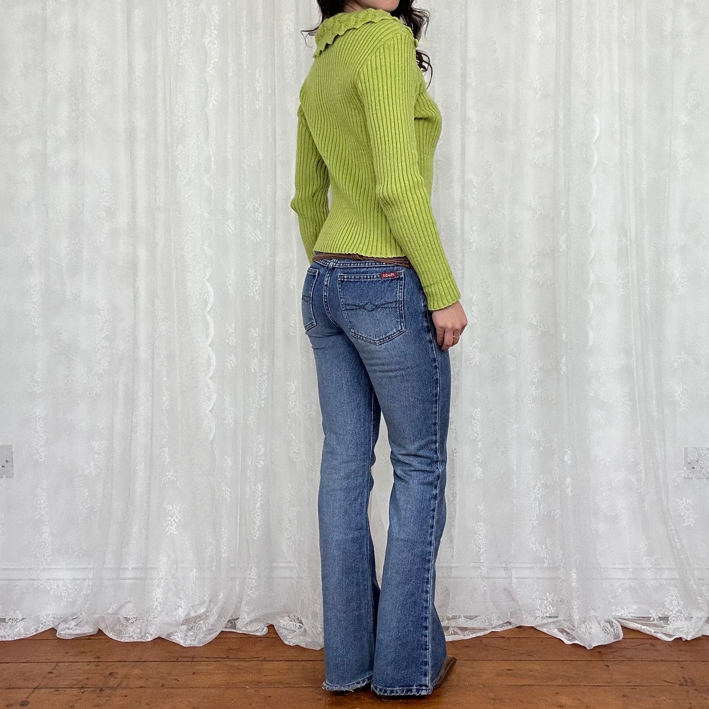vintage 00s green knitted crochet collar jumper