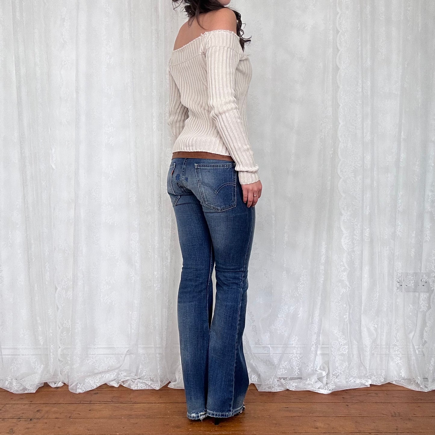 vintage 00s cream knitted off shoulder dual zip jumper