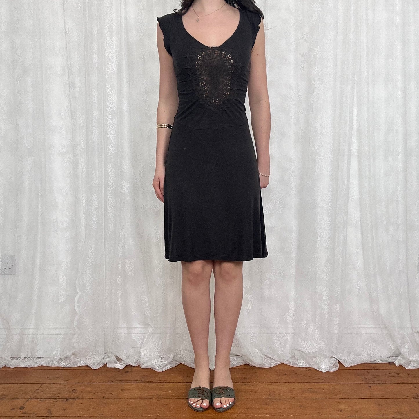 vintage 00s brown crochet detail midi dress
