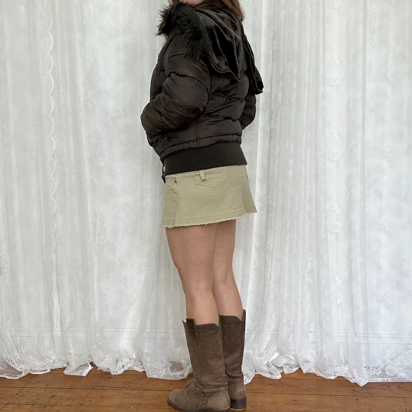 vintage 00s brown zip hooded puffer jacket