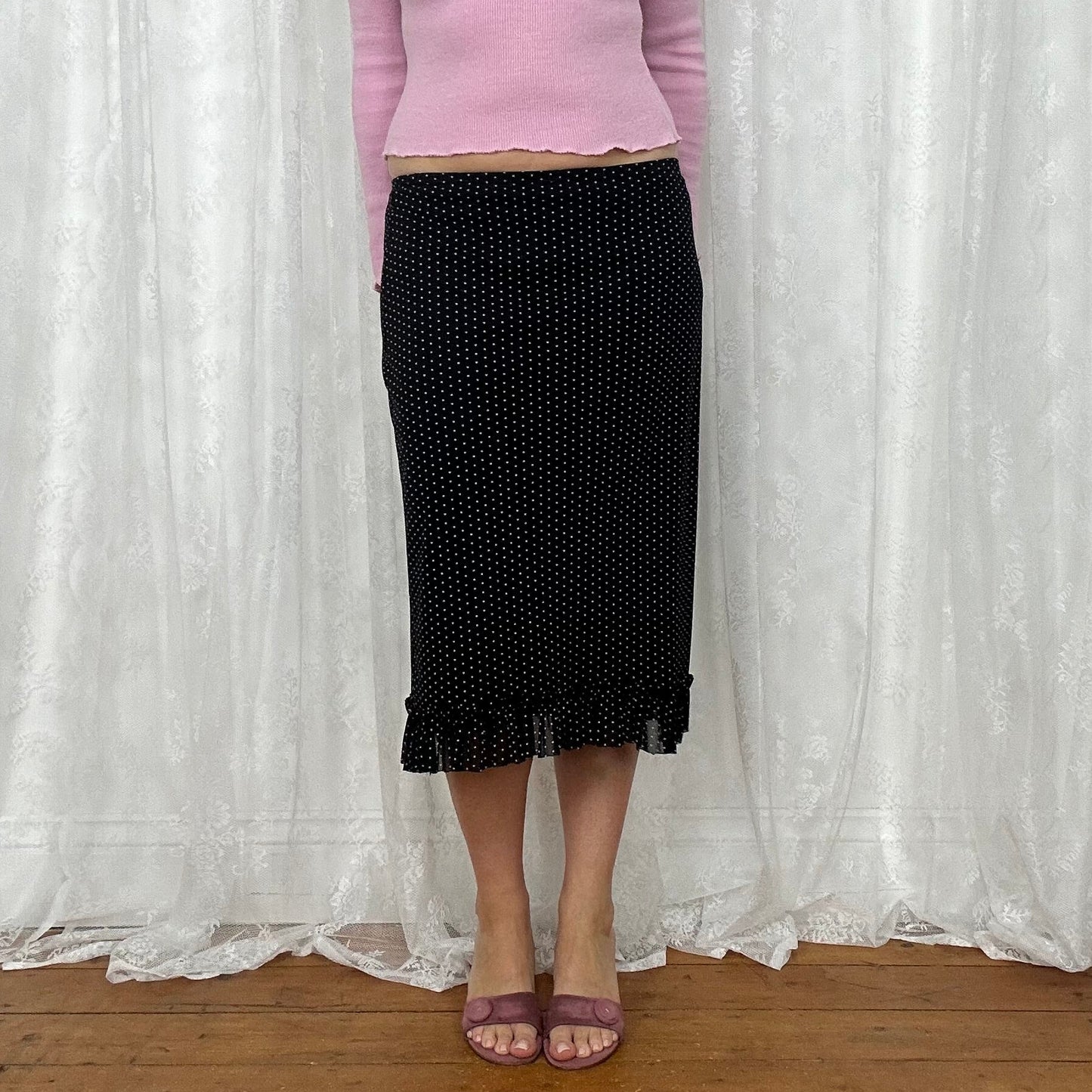 vintage 00s black polka dot mesh midi skirt